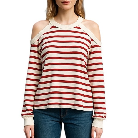 💎 Zara Striped Long Sleeve Cold Shoulder Top - Picture 1 of 11